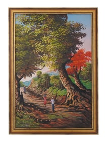SIGNED HAITIAN OIL ON CANVAS LANDSCAPE PAINTING