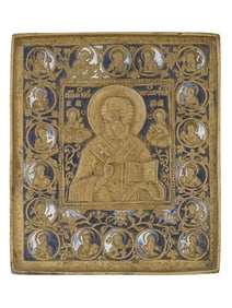 ANTIQUE RUSSIAN BRONZE ENAMEL ICON OF ST NICHOLAS