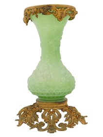 ANTIQUE GREEN OPALINE GLASS VASE WITH BRASS FITTINGS