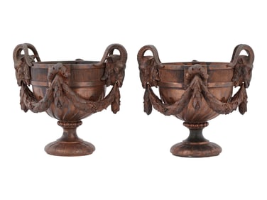 ANTIQUE CAST BRONZE VASES WITH RAMS HEAD HANDLES