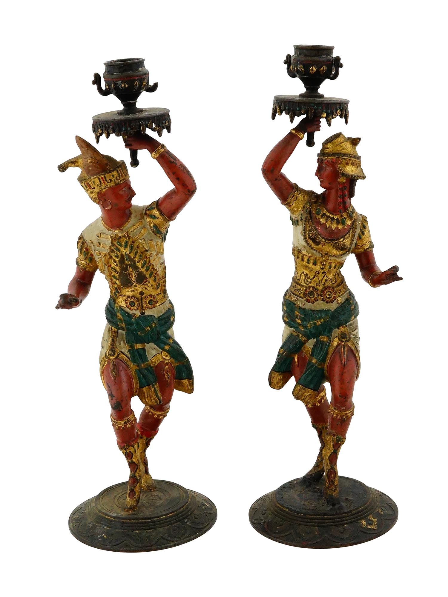 PAIR OF HAND PAINTED SPELTER EGYPTIAN CANDLESTICKS (1 of 7)