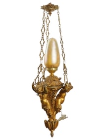 ANTIQUE HEAVY GILT BRONZE W CAST CUPIDS CHANDELIER TIFFANY SHADE