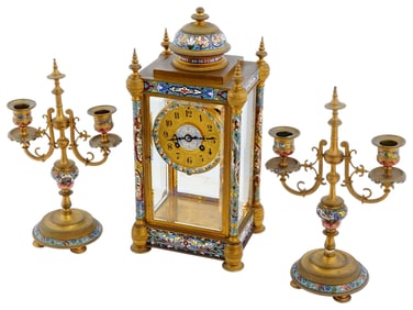 19TH CEN FRENCH ENAMEL MANTEL CLOCK AND CANDELABRAS SET