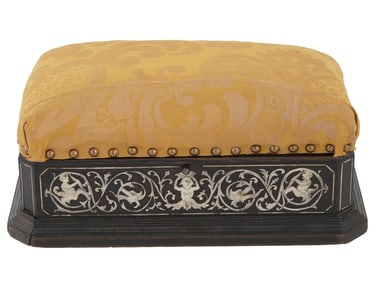 ANTIQUE SEWING BOX W CUSHIONED TOP AND INLAY DECOR