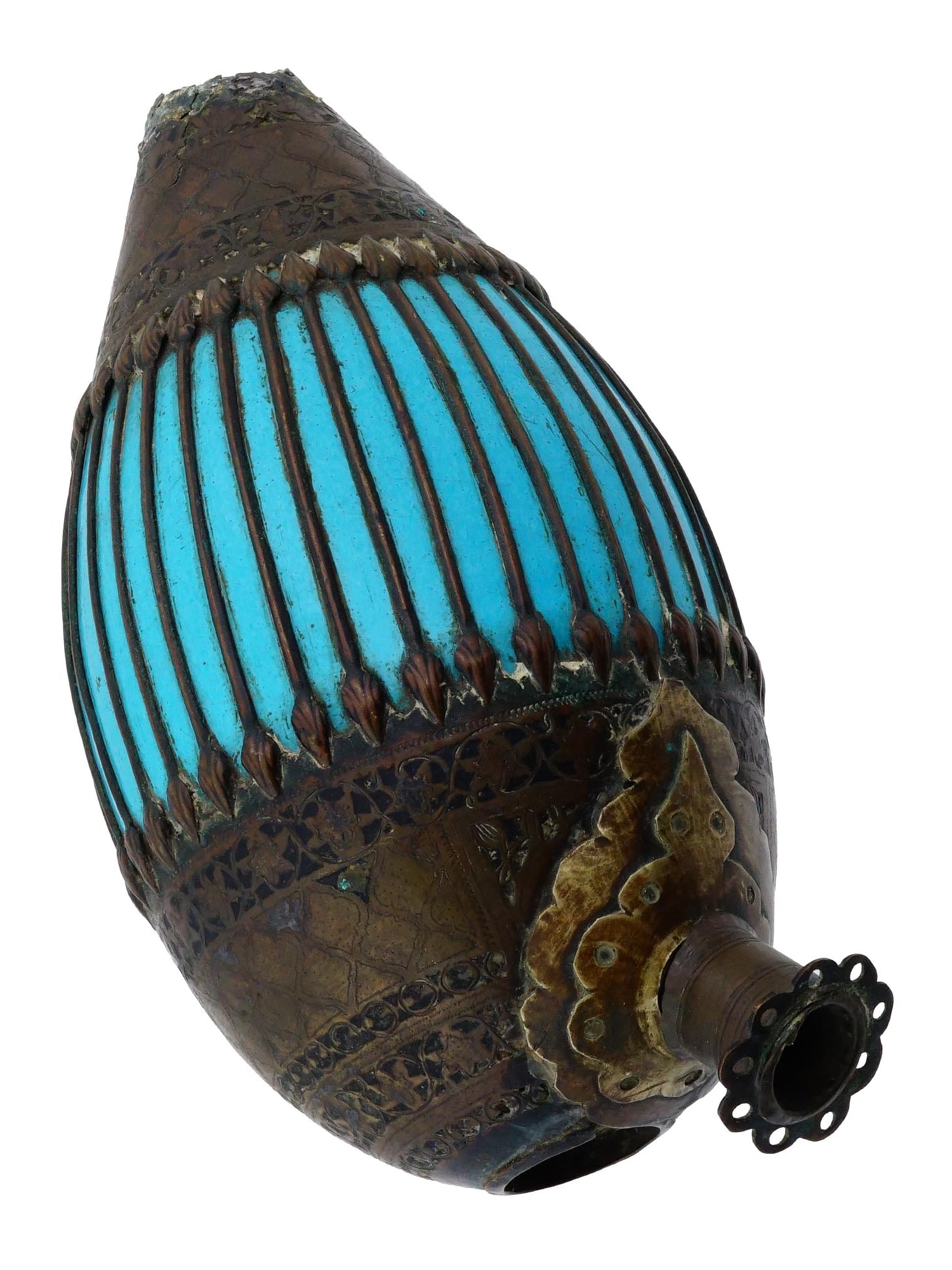 ANTIQUE QAJAR EMPIRE PERSIAN QAJAR HOOKAH BASE: An antique Persian Qajar hookah base. Qajar Empire, early 19th century. Balloon shape. The piece is richly decorated with blue tone enamel and metal openwork ornaments. Antique Iranian Oriental Decor 
