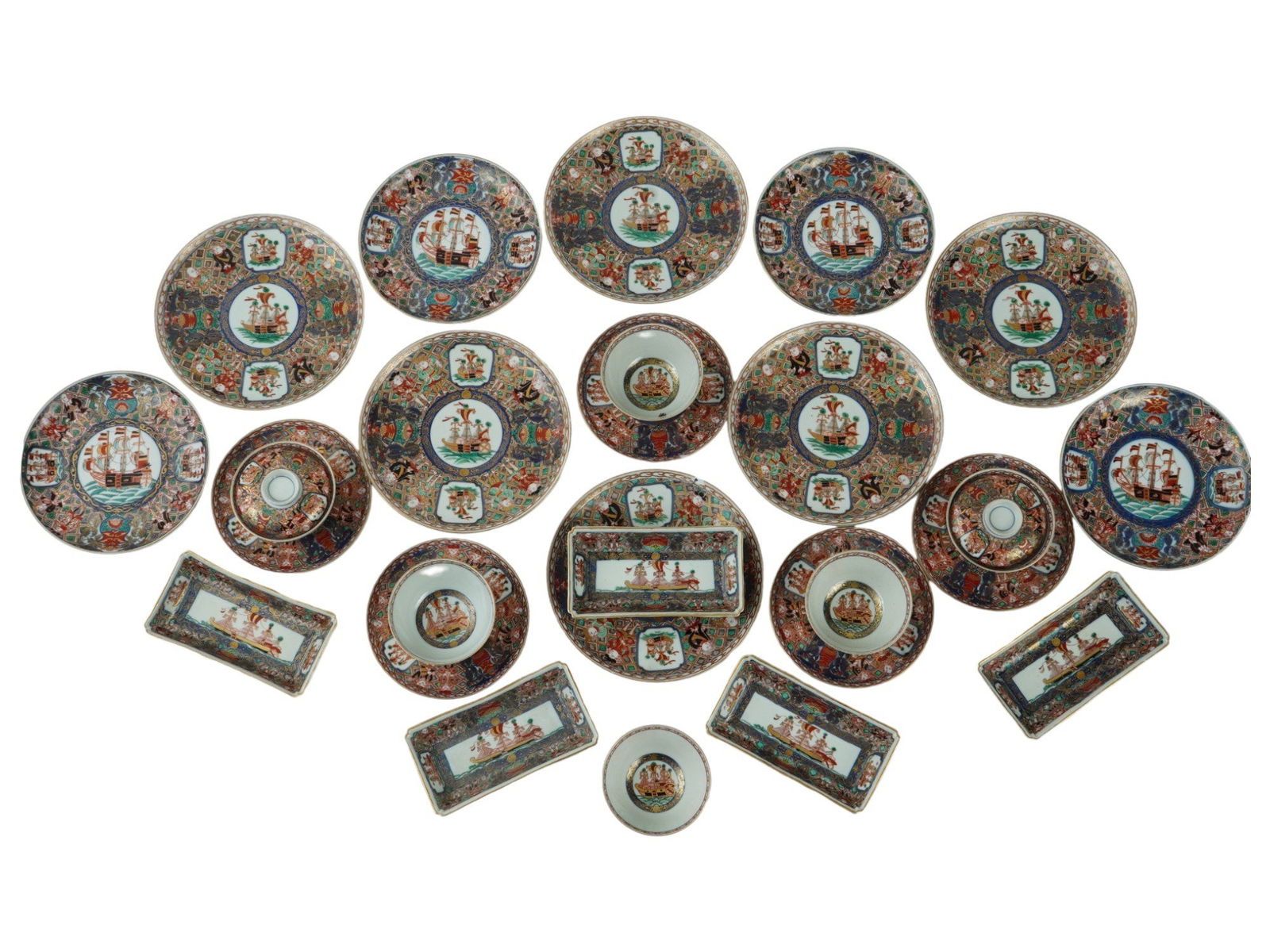 JAPANESE MEIJI IMARI BLACK SHIP PORCELAIN TABLEWARE SET (1 of 12)