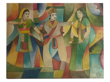 MID CENTURY INDIAN SCHOOL OIL PAINTING SIGNED FJS