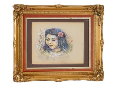 MID CENTURY FEMALE PORTRAIT PAINTING SIGNED R
