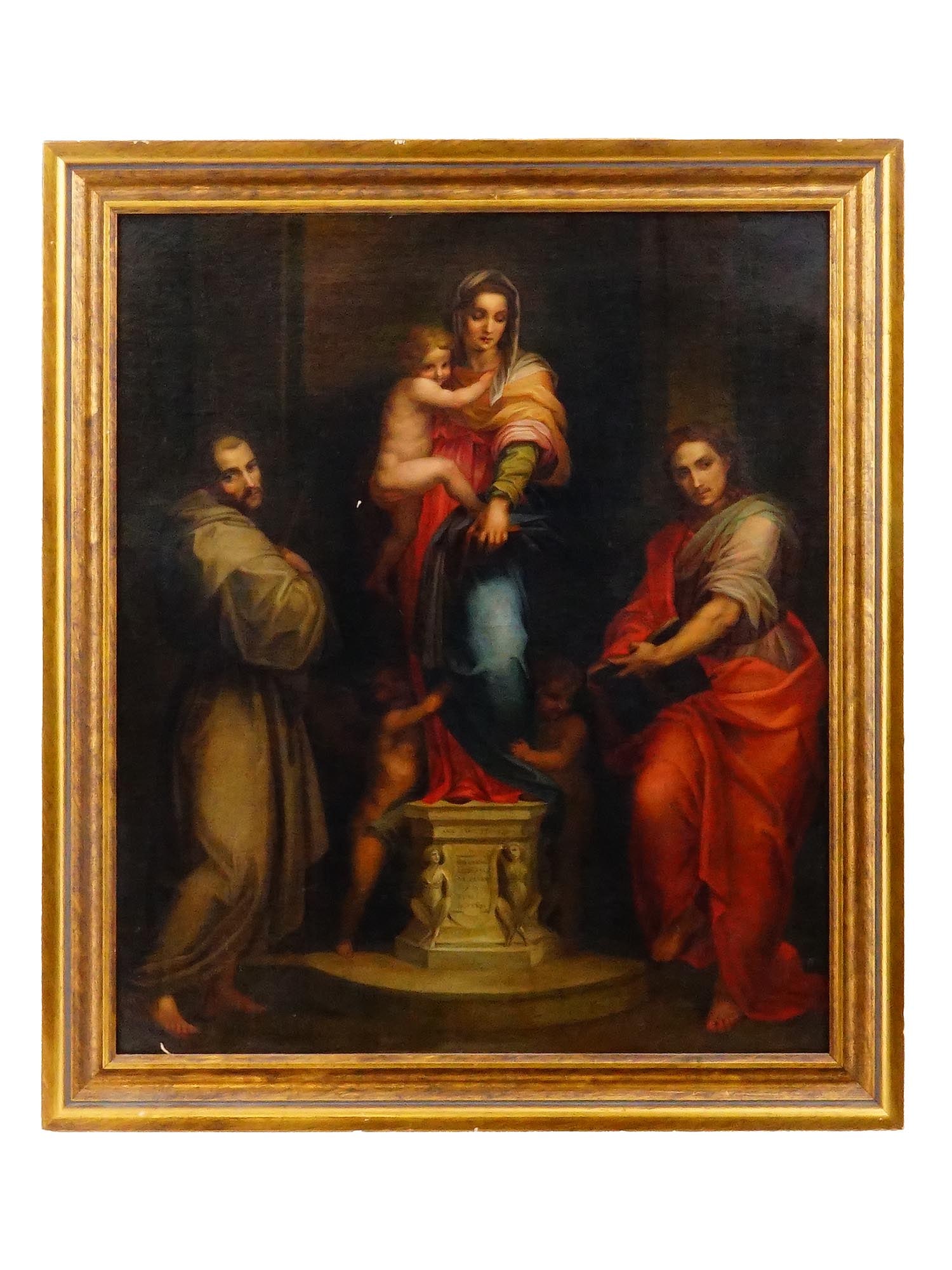 AFTER ANDREA DEL SARTO OIL PAINTING OF MADONNA: After Andrea del Sarto, Italian, 1486 to 1530, oil on canvas painting. After the 1517 artwork titled Madonna of the Harpies, now in the collection of the Uffizi Gallery, Florence, Italy. The piece bel