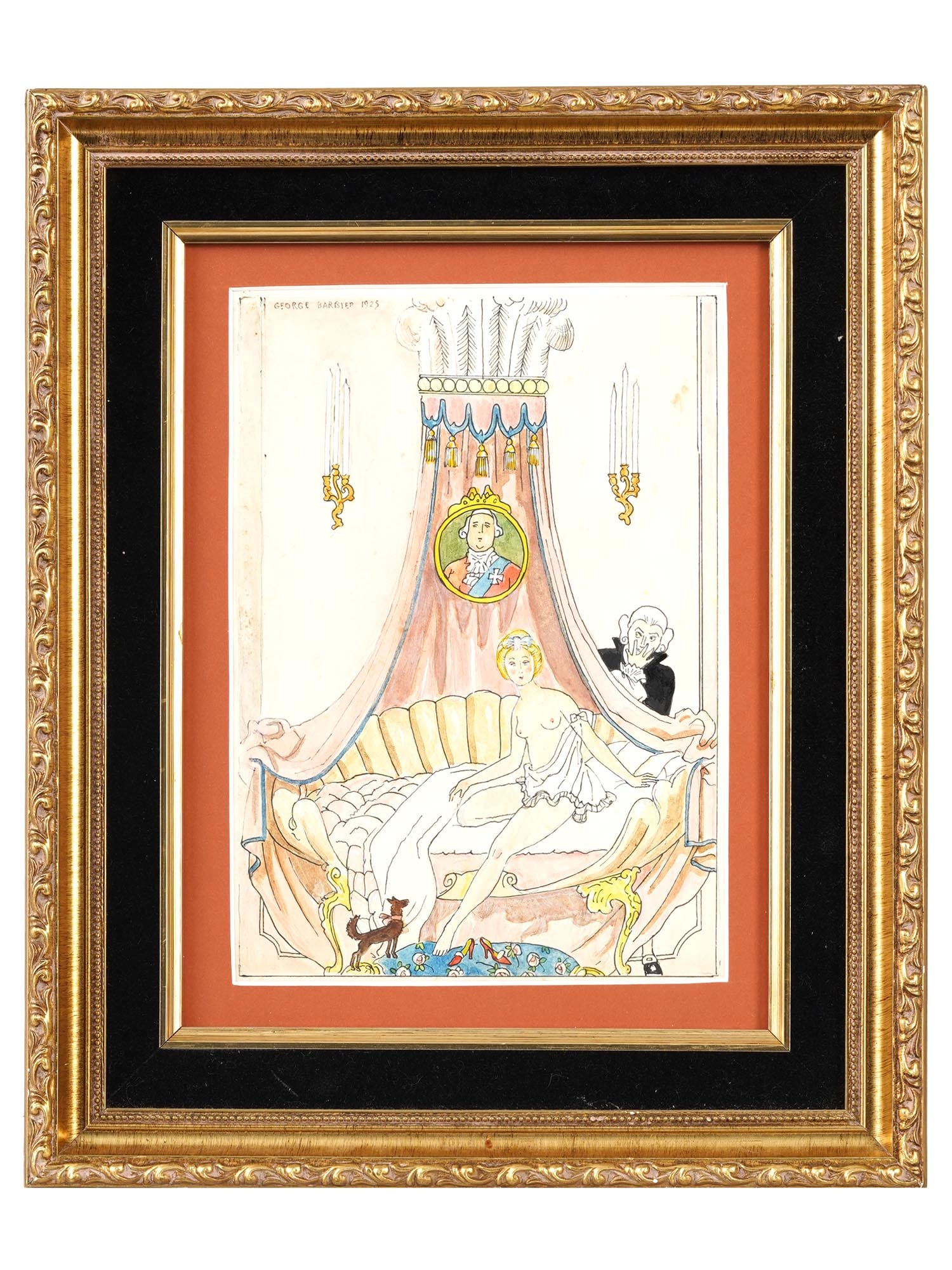 GEORGE BARBIER FRENCH ART NOUVEAU PAINTING INFIDELITY: George Barbier, French, 1882 to 1932, an Art Nouveau watercolor painting on paper titled Infidelity, 1925. Signed upper left. Framed. Georges Augustin Barbier was one of the great French illustrators