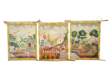 THREE ASIAN THAI GOUACHE PAINTINGS ON CANVAS
