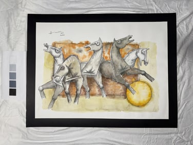 MID CENTURY INDIAN SCHOOL PAINTING SIGNED HUSAIN