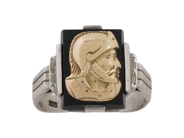 GERMAN ST SILVER 14K GOLD AND ONYX CAMEO RING