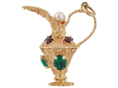 VINTAGE 14K GOLD PEARL EMERALD RUBY DALLAH PENDANT