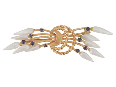 14K GOLD BROOCH WITH TOPAZ AND MOTHER OF PEARL