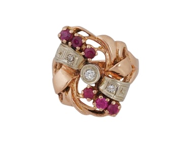 VINTAGE 14K GOLD RING WITH DIAMONDS AND RUBIES