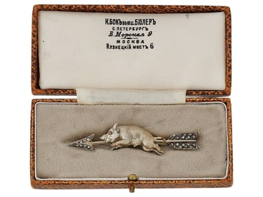 RUSSIAN SILVER AND DIAMOND FIGURATIVE BROOCH PIN