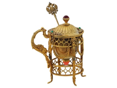 RUSSIAN SILVER MUSTARD JAR W ROSE DIAMONDS AND SPOON