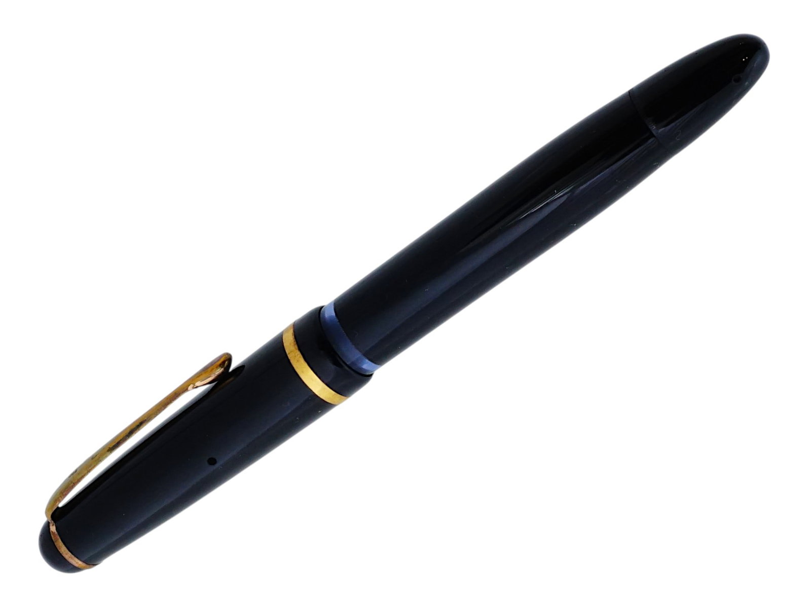 VINTAGE MONTBLANC 14K NIB FOUNTAIN PEN: A vintage Montblanc fountain pen, featuring the transparent blue section near the nib. The 14-carat gold nib is marked MONT BLANC 14C, 585 and the pen exhibits the brands signature craftsmanship and e