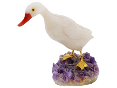 HAND CARVED STONE DUCK FIGURINE ON AMETHYST BASE