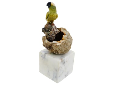 HAND CARVED STONE PARROT FIGURE ON GEODE BASE
