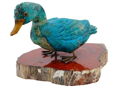 ANTIQUE HAND CARVED TURQUOISE DUCK FIGURINE