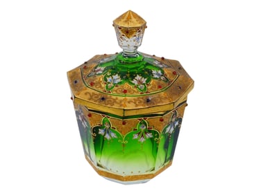 ANTIQUE BOHEMIAN MOSER GREEN GLASS COVERED JAR