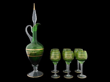 VINTAGE GREEN CRYSTAL PITCHER WITH GLASSES