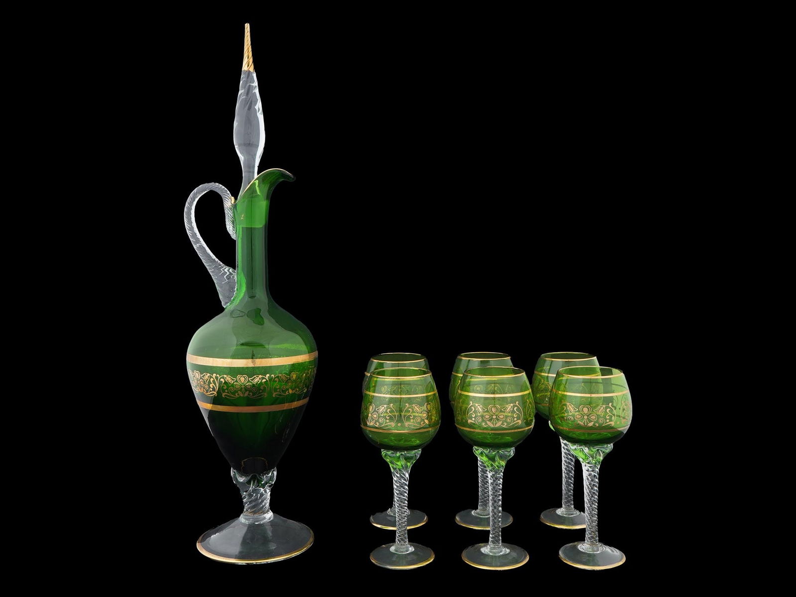 VINTAGE GREEN CRYSTAL PITCHER WITH GLASSES (1 of 14)