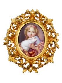ANTIQUE EUROPEAN PORCELAIN GIRL W RABBIT PLAQUE