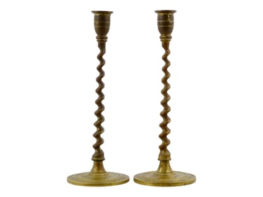 PAIR OF ANTIQUE 19TH C ENGLISH BRASS CANDLESTICKS
