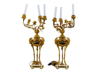 ANTIQUE FRENCH GILT BRONZE AND MARBLE CANDELABRA LAMPS