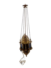 VINTAGE MIDDLE EASTERN ISLAMIC BRASS AND GLASS LAMP