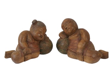 PAIR OF VTG ASIAN CARVED WOODEN GIRL AND BOY FIGURINES
