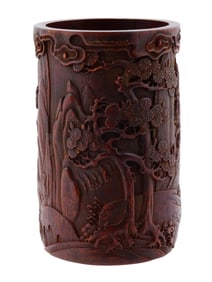 ANTIQUE CHINESE HAND CARVED BAMBOO WOOD BRUSH HOLDER