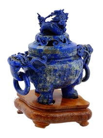 ANTIQUE CHINESE CARVED LAPIS LAZULI TRIPOD CENSER