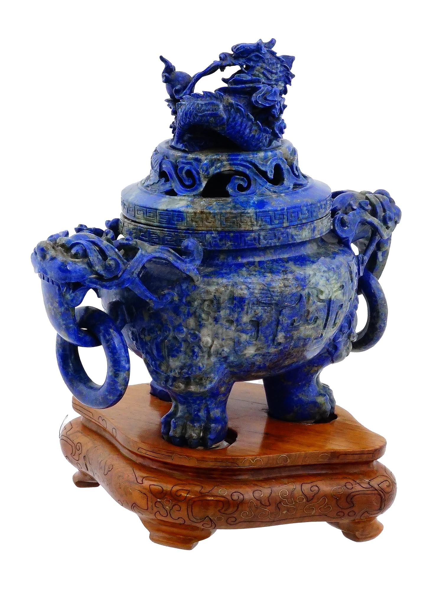ANTIQUE CHINESE CARVED LAPIS LAZULI TRIPOD CENSER (1 of 14)