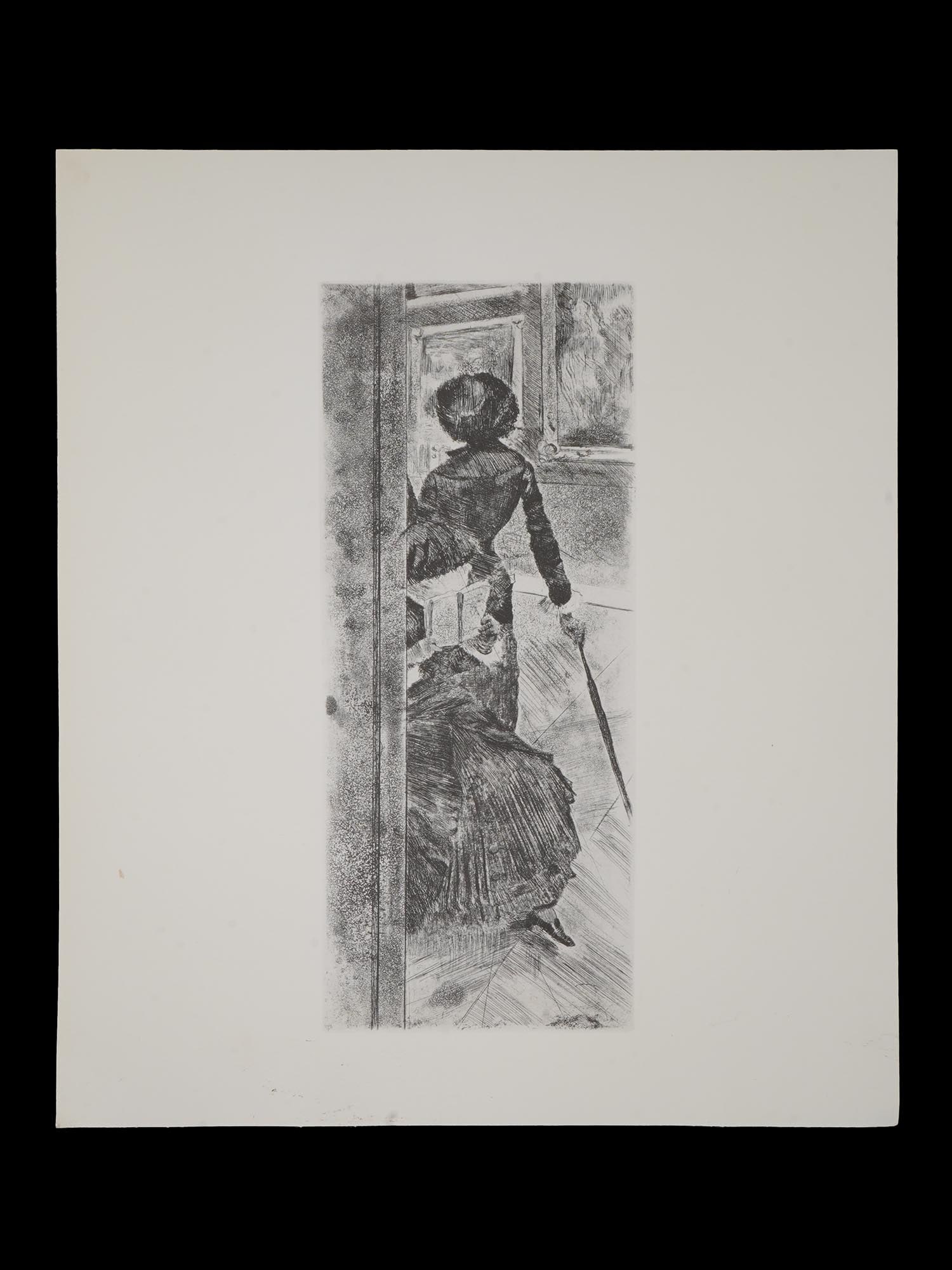 EDGAR DEGAS FRENCH IMPRESSIONIST ETCHING MARY CASSATT: Edgar Degas, French, 1834 to 1917, etching on paper. Titled La Peinture, Mary Cassatt. Ca. 1880. This print signals the close friendship between Edgar Degas and fellow Impressionist painter Mary Cassa