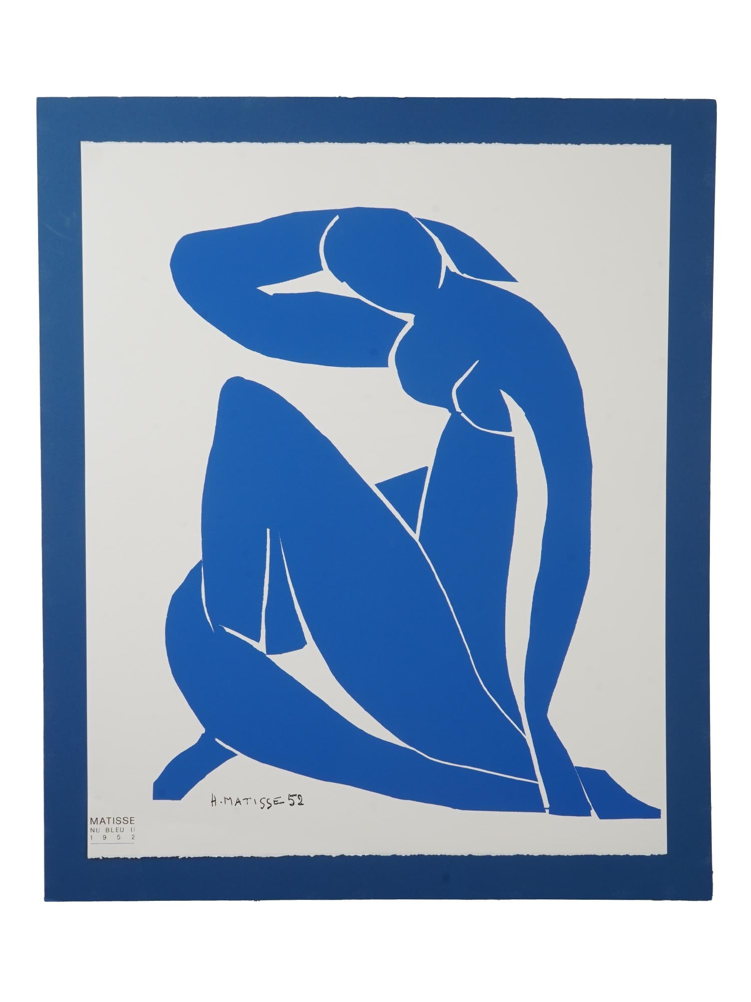 HENRI MATISSE FRENCH SIGNED LITHOGRAPH NUDE FEMALE: A color lithograph by Henri Matisse, 1869 to 1954, a French Fauvist artist. The artwork represents an abstract female nude in blue. Titled Nu Bleu II, signed by the artist and dated 1952 in the lower
