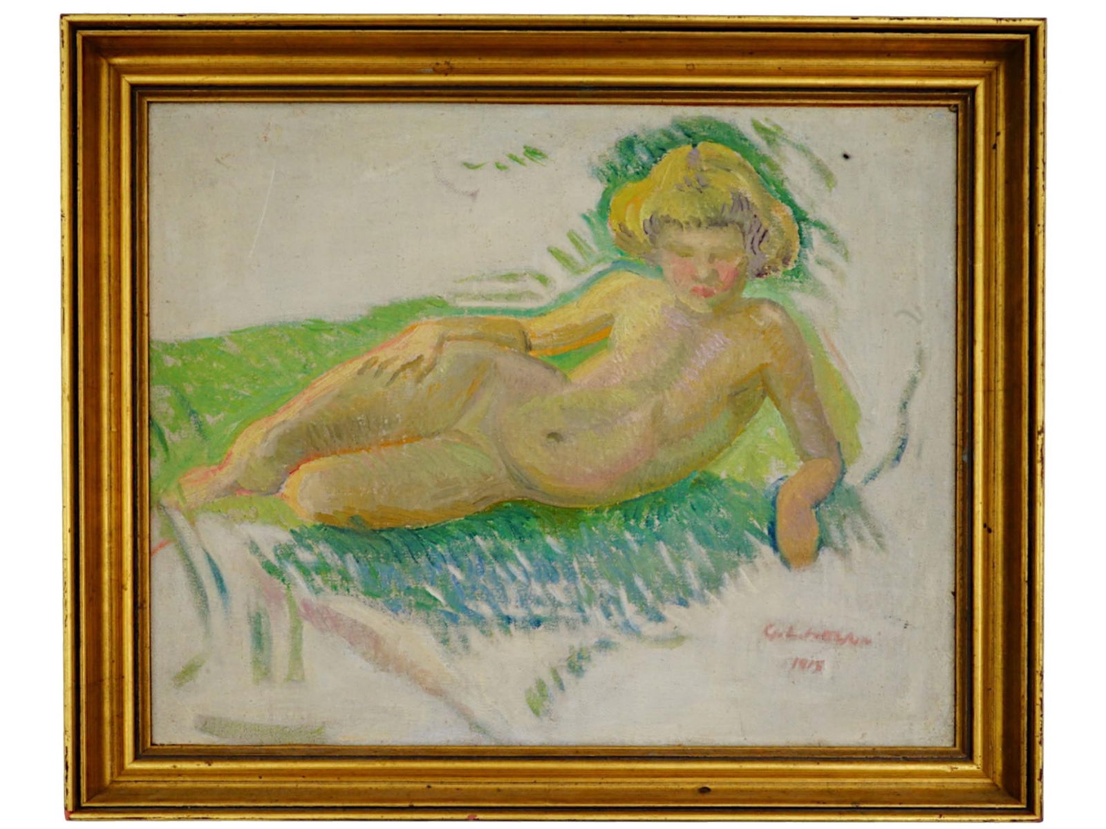 AMERICAN IMPRESSIONIST PAINTING RECLINING NUDE FIGURE: An antique American Impressionist oil painting on canvas depicting a reclining nude figure, signed lower right illegibly and dated either 1915 or 1918. Presented framed. American Figurative Paintings