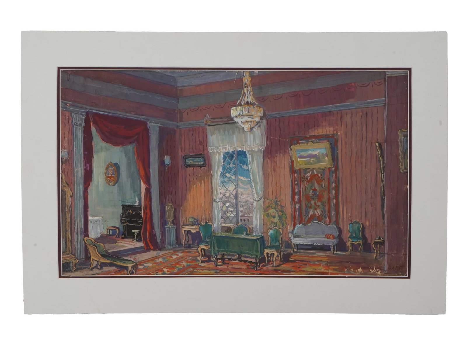 SIGNED LEON BAKST RUSSIAN GOUACHE INTERIOR PAINTING: A Russian gouache on paper interior painting. Signed Bakst lower right. On one side is a depiction of a room interior in the late 19th century style. On the other side is a pencil drawing of a female 
