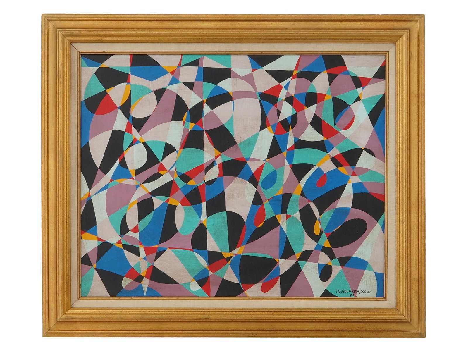 FAHRELNISSA ZEID TURKISH ABSTRACT OIL PAINTING: Princess Fahrelnissa Zeid, Turkish, 1901 to 1991, oil on canvas painting. The painting depicts an abstract kaleidoscopic pattern. Signed and dated 1963 in the lower right. Fahrelnissa Zeid was a Turki