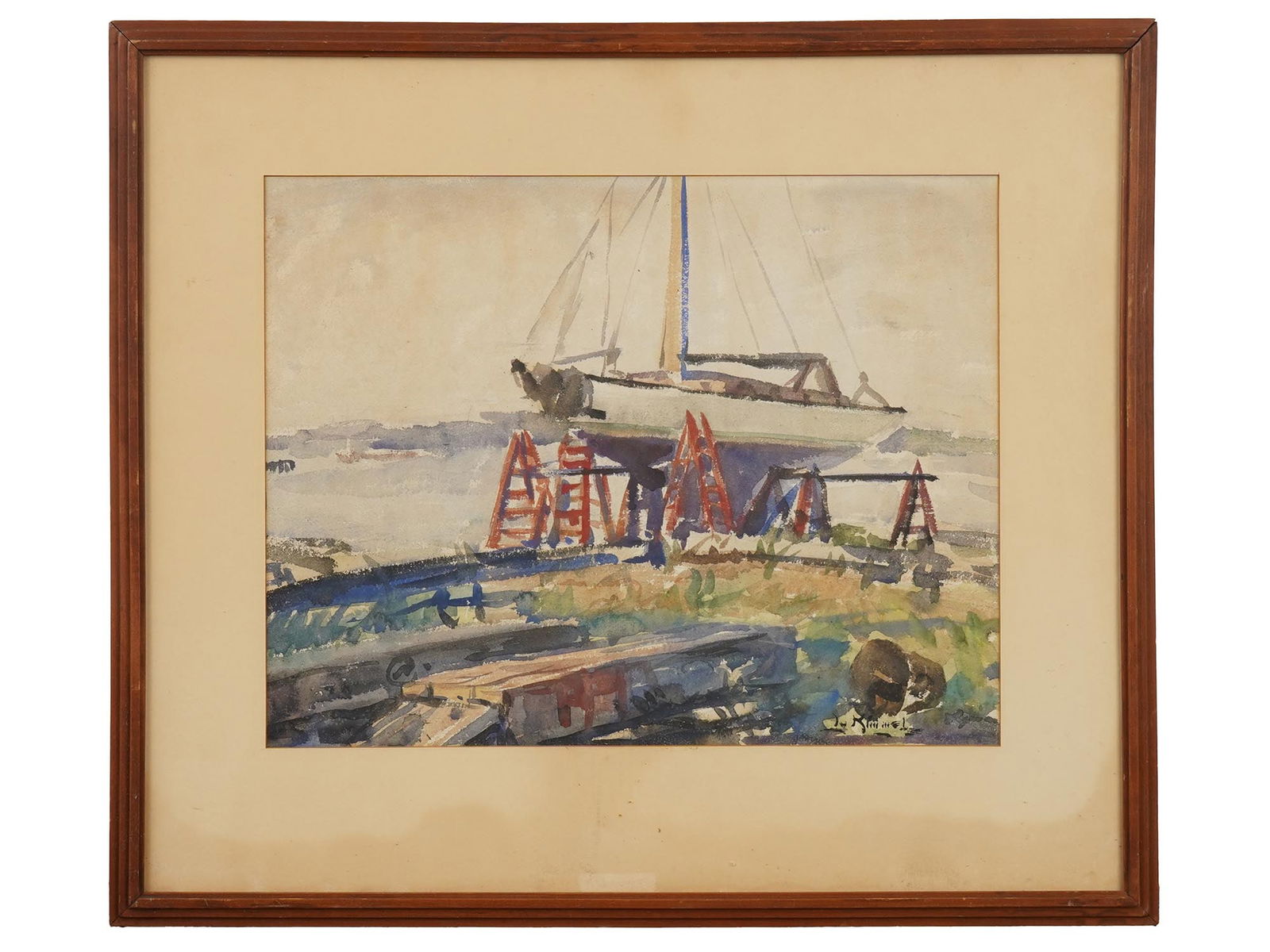 MID CEN AMERICAN WATERCOLOR PAINTING BY LU KIMMEL: A mid century watercolor painting on paper by Lu Kimmel, New York, 1905 to 1973. Matted and framed. It depicts a sailboat propped up on red supports. Signed L. Kimmel lower right. Wall Decor, Painting