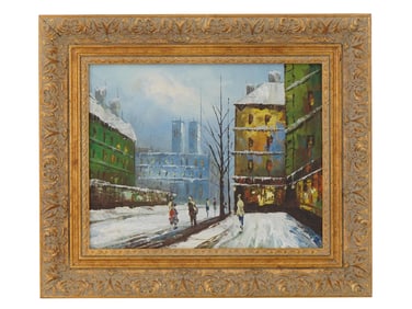 MID CENTURY PAINTING OF A WINTER STREET SCENE UNSIGNED