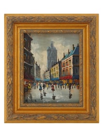 MID CENTURY OIL PAINTING OF A STREET SCENE SIGNED