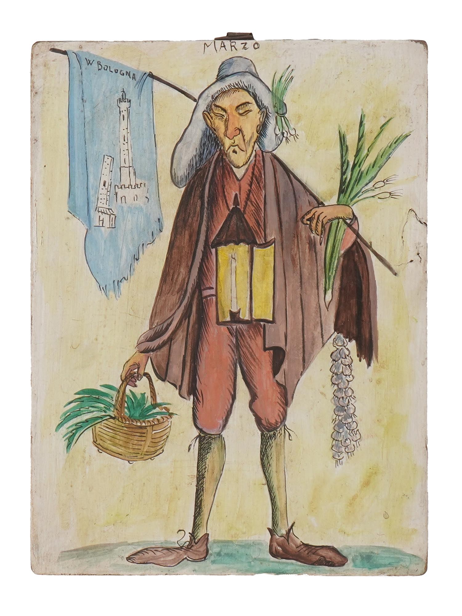 AFTER GIUSEPPE MARIA MITELLI MIXED MEDIA PAINTING: After Giuseppe Maria Mitelli, Italian, 1634 to 1718, mixed media painting on board. After the engraving from the Twelve Months of the Year series, dated 1691. The artwork depicts a human personificati