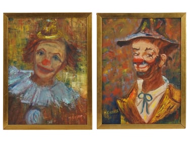AMERICAN OIL CLOWN PORTRAIT PAINTINGS BY M GILBERT