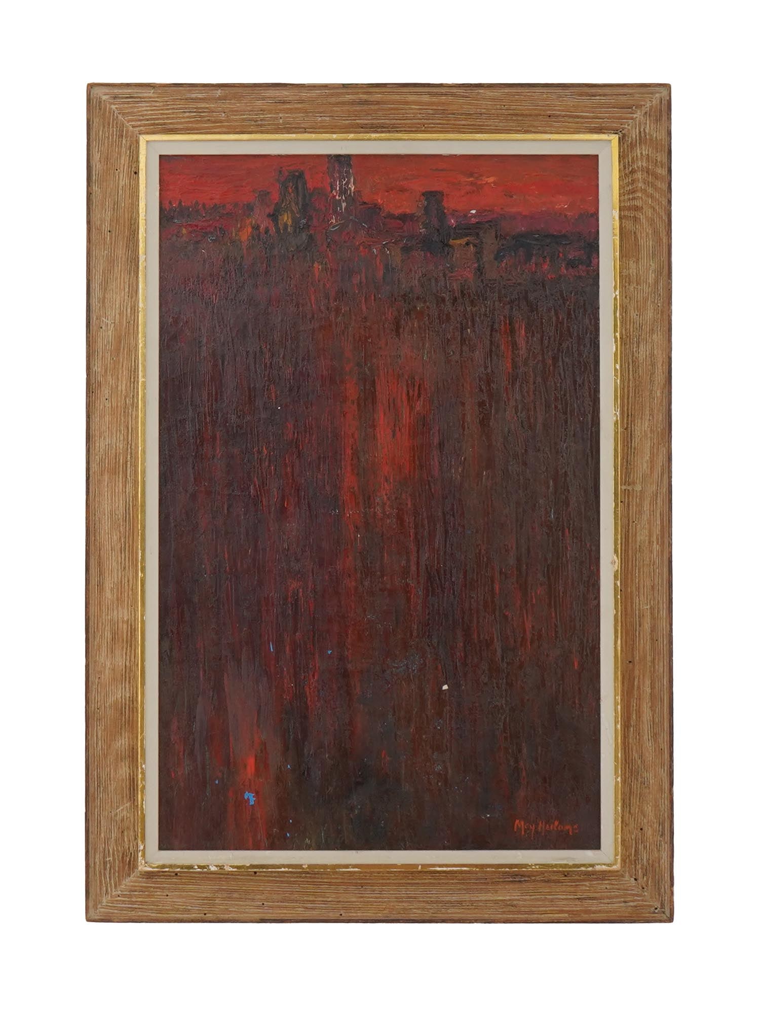 AMERICAN ABSTRACT OIL PAINTING BY MAY HEILOMS: May Heiloms, American, 1906 to 1996, an oil painting on canvas depicting an abstract composition. Signed lower right. Framed. May Heiloms was an abstract painter in New York City, New York. Heiloms wa
