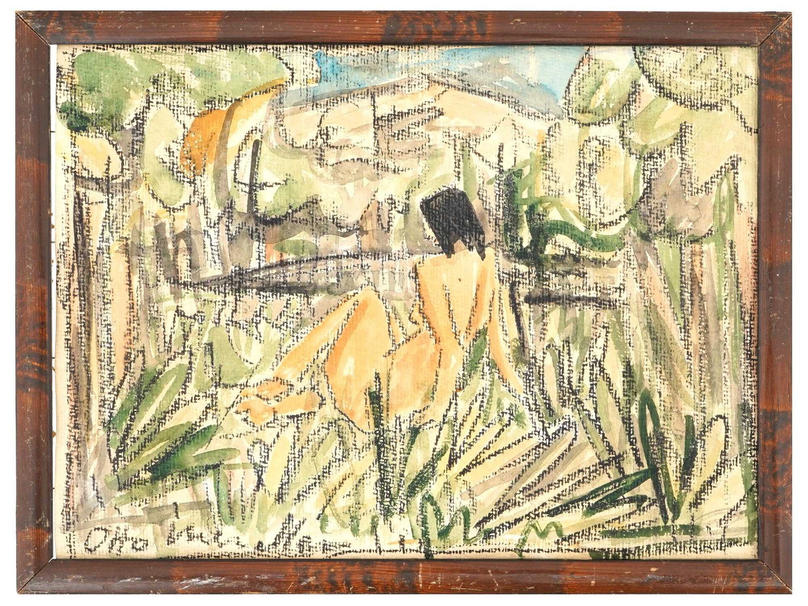 GERMAN FEMALE NUDE PAINTING AFTER OTTO MULLER: After Otto Muller, German, 1874 to 1930, a colored chalk, wax crayon, charcoal and watercolor painting on paper depicting a female nude. Signed lower left. Framed. Otto Muller was a painter and printm