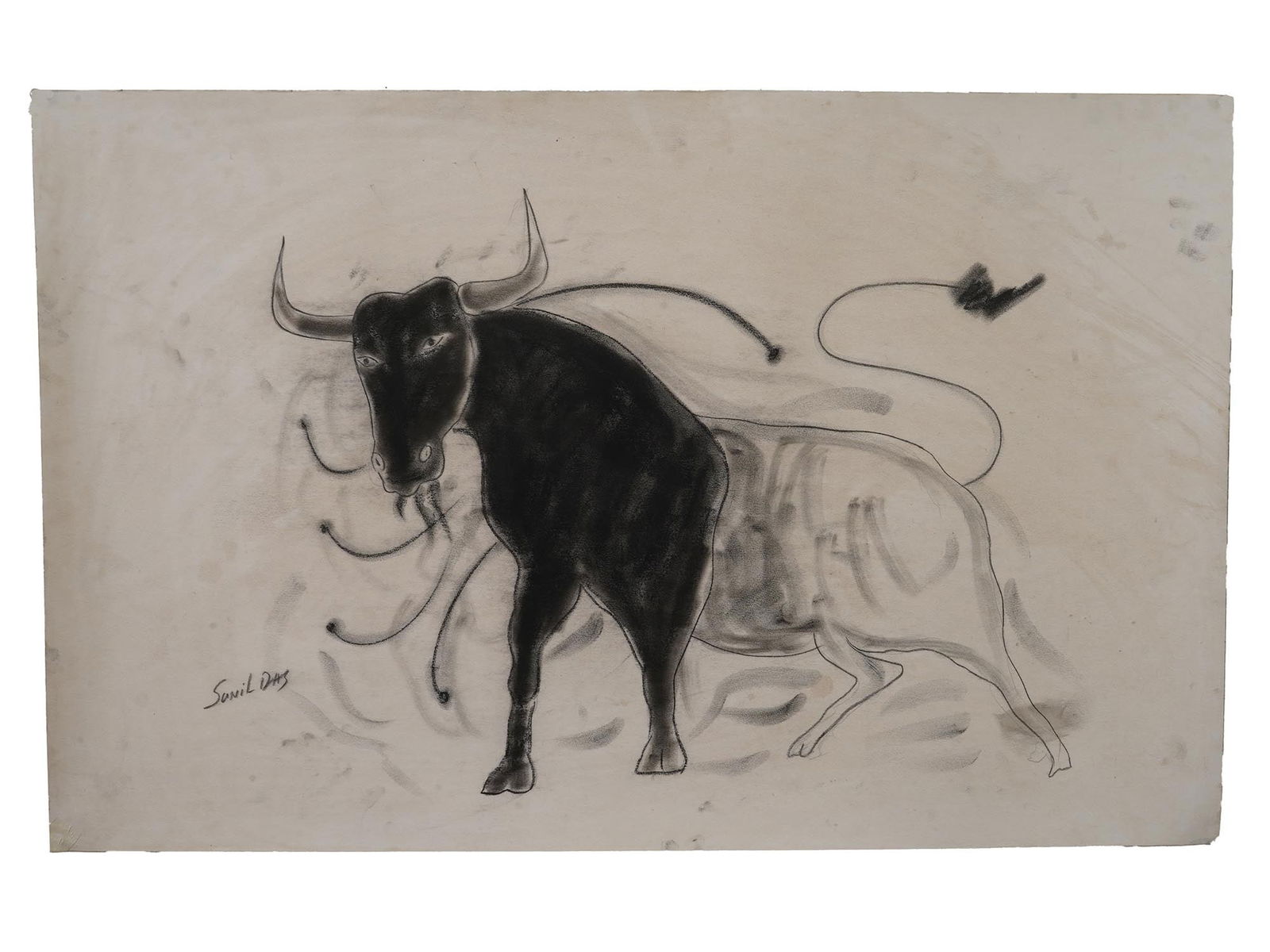 SIGNED SUNIL DAS INDIAN CHARCOAL PAINTING ON PAPER: Signed Sunil Das, Indian, 1939 to 2015, charcoal painting on paper depicting a portrait of a bull from the Bull series. Signed lower left. Sunil Das was an Indian expressionist painter. He is known fo